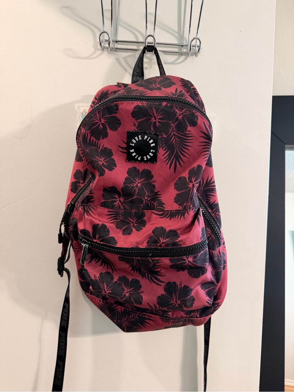 PINK Victoria's Secret Maroon Backpack with Black Floral Print